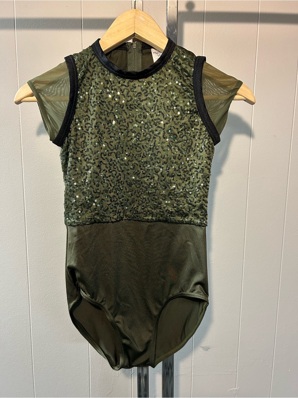 Weissman Olive Green Sequin Mesh Dance Leotard with Black Trim